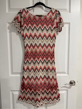 Jessica Taylor Women’s Chevron Knit Dress in Cream, Coral & Brown